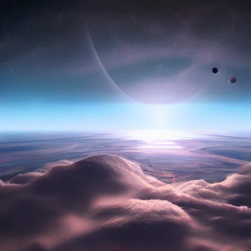 Prompt: horizon of an exoplanet, view from space, artstation, cinematic, smooth lighting