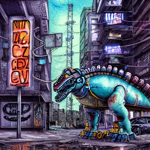 Image similar to hyper-detailed, intricate, full colour watercolor of a mecha dinosaur standing at a ghetto street corner with graffiti in the background, night, city, dark, cyberpunk, 240z, r34, impreza