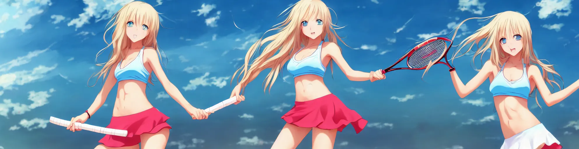 Image similar to a very beautiful young anime tennis girl, full body, long wavy blond hair, sky blue eyes, ( ( ( full round face ) ) ), short smile, bikini, miniskirt, front view, mid - shot, highly detailed, cinematic wallpaper by stanley artgerm lau