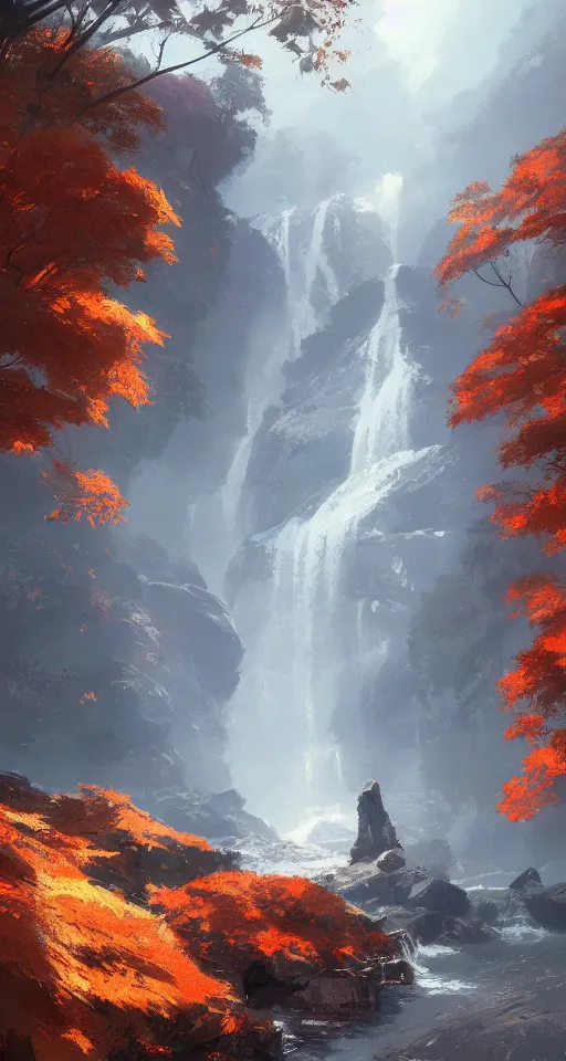 Prompt: falls in the autumn, concept art, artstation, makoto shinkai, digital art, greg rutkowski