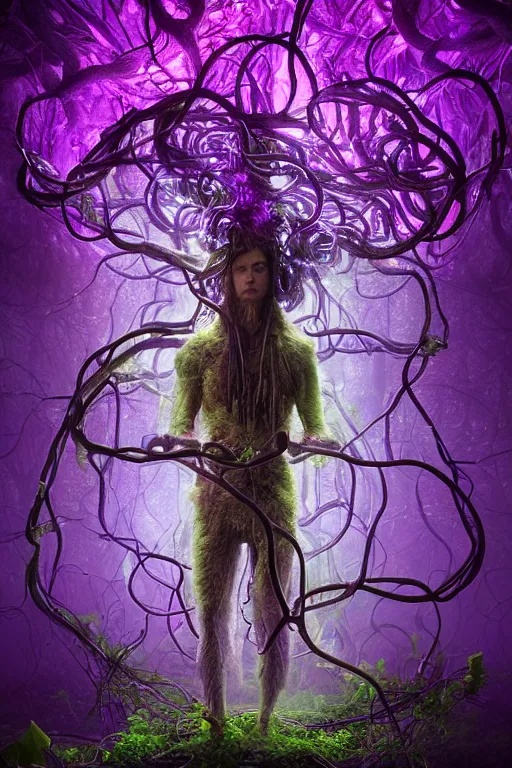 Image similar to mysterious Shaman of the Purple Forest, neon light blue cloak, mycelium, fungi, vines, symmetrical features, illusion, magical realism, ultradetailed, volumetric lighting, 4k UHD, film poster.