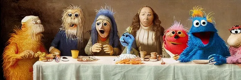 Prompt: the last supper on sesame street and cookie monster and big bird and oscar and muppet. art by hieronymus bosch, colorful