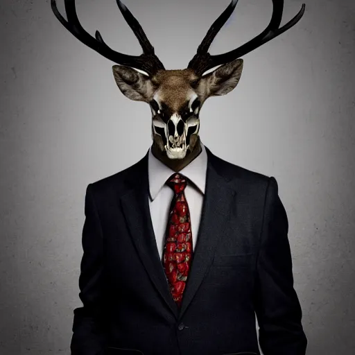 Prompt: man in a suit wearing a deer skull, creepy, dark, disturbing, ominous