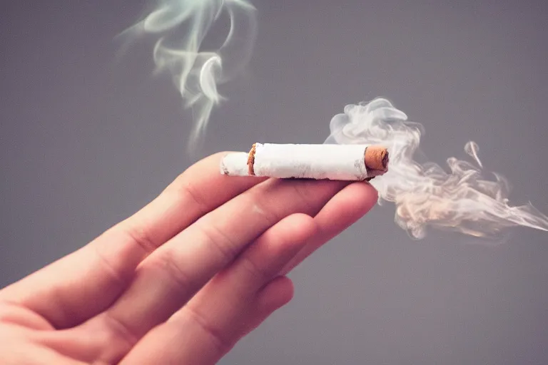 Image similar to A photo of thin soft hand holding cigarette with smoke, hyper realistic