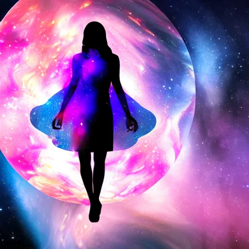 Image similar to woman made of nebula in space with hubble background, vray, 5 5 mm