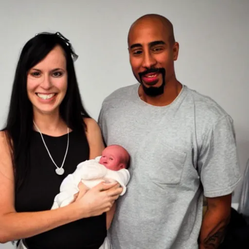 Prompt: a photo of a white man and his dark haired wife that are happy with their 3 month old baby boy. 2 pac can be seen in the background.