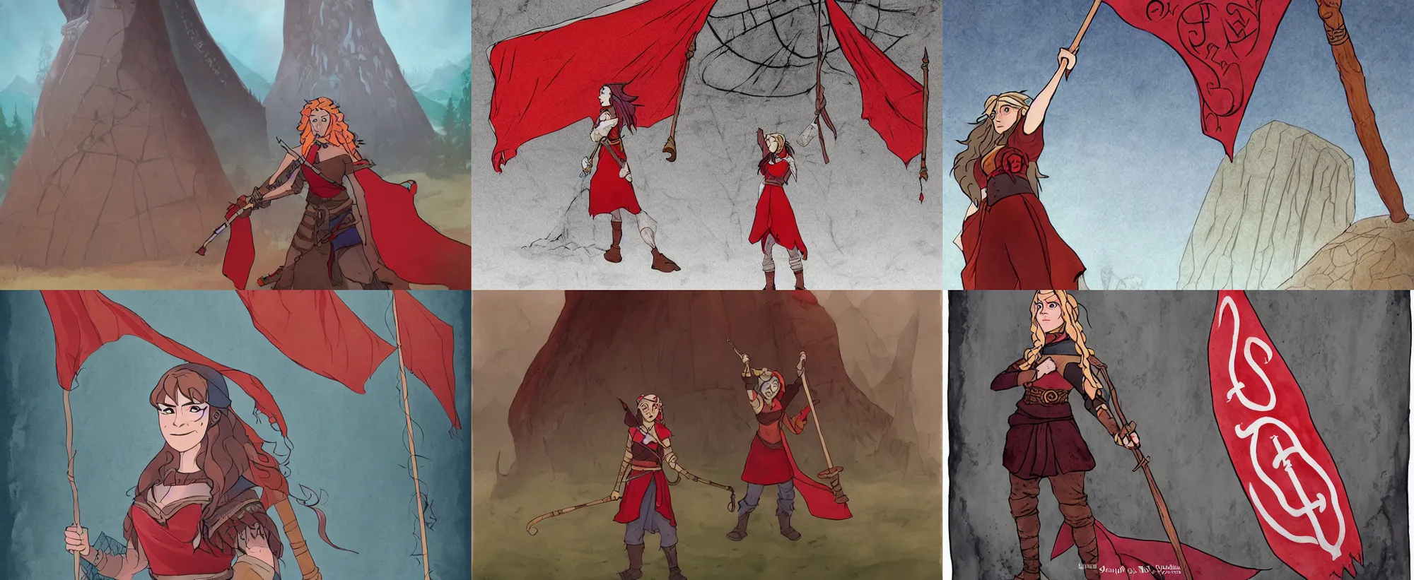 Prompt: Alette from Banner Saga standing in front of giant a rune stone, holding an extremely long red banner, nordic, epic, melancholic, perfect face, concept art, illustration, cover art, art by Don Bluth