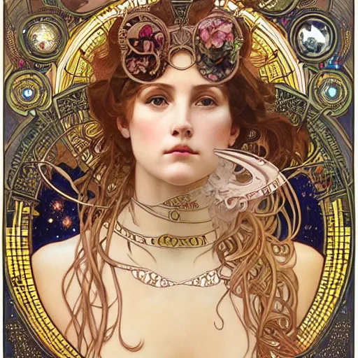 Prompt: realistic detailed face portrait of a beautiful Celestial Goddess of Midnight surrounded by constellations and stars by Alphonse Mucha, Greg Hildebrandt, and Mark Brooks, gilded details, spirals, Neo-Gothic, gothic, Art Nouveau, ornate medieval religious icon