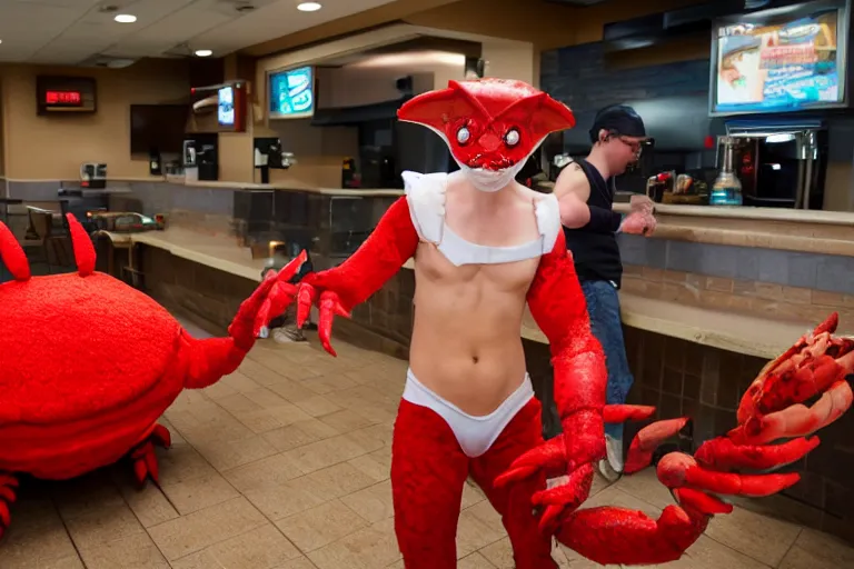 Image similar to cosplayer dressed like a crab, in 2 0 1 8, at an arbys, crabcore, royalcore, low - light photograph, photography by tyler mitchell