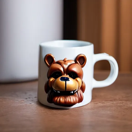 Prompt: ceramic mug in the shape of freddy fazbear