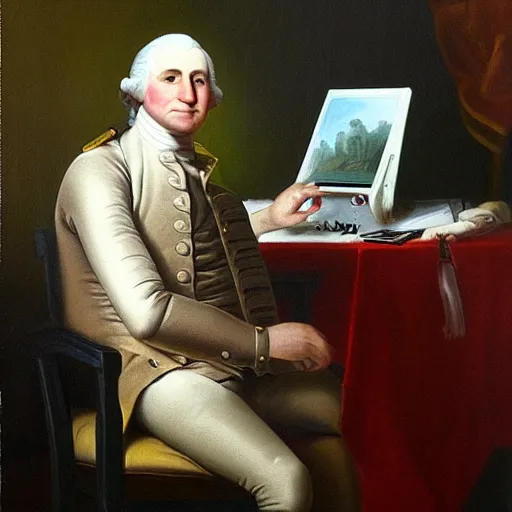 Prompt: oil painting of George Washington playing video games on a computer