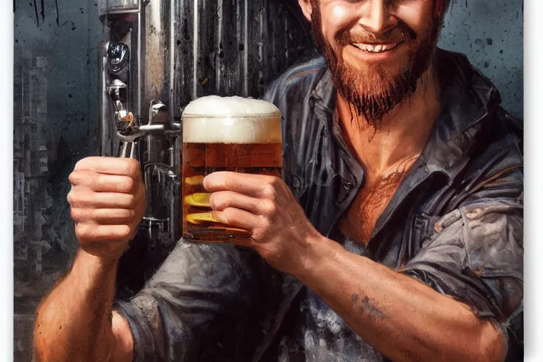 Image similar to a young man holding a beer giving a thumbs up with a long beard, 80s poster, detailed, uncropped, painted by Bastien Lecouffe-Deharme