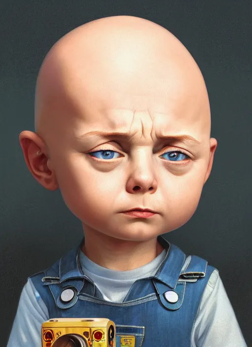 Prompt: portrait of stewie griffin, young child, bald, overalls, intricate, highly detailed, ray tracing, digital painting, artstation, concept art, smooth, sharp focus, illustration, art by artgerm and greg rutkowski and alphonse mucha, 8 k