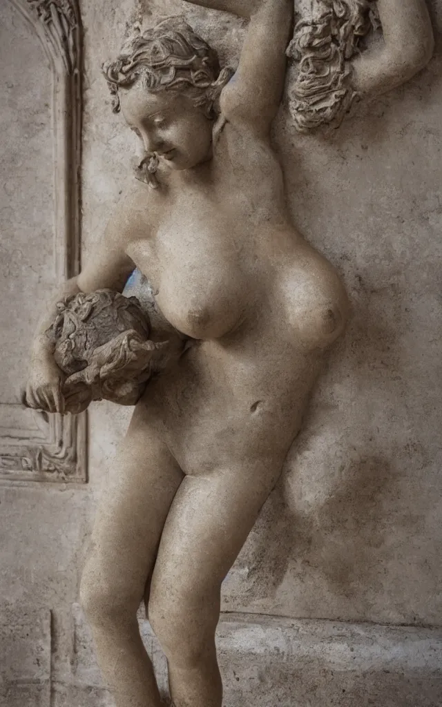 Image similar to detailed photo of old bronze patina statue of gorgeous pinup, character emerges from the castle white marble wall, super highly detailed, full body view, various poses, the statue is inside the versailles castel, photorealism, intricate detail, museum diffuse lighting, autumn sunlights