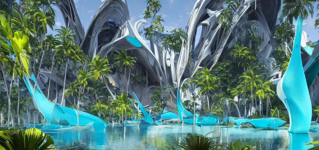 Prompt: highly detailed futuristic architecture by Antoni Gaudí and Zaha Hadid, reflective lighting, tropical vegetation, ground-level view, puddles turquoise of water, stunning sunny lighting, sunrise, vivid colors, in the style of pixar animation, trending on Artstation, 8k, matte painting, ray tracing, hyper detailed, unreal engine 5, cinematic, epic lighting, cryengine, octane render, cyberpunk, red and orange glow, vibrant