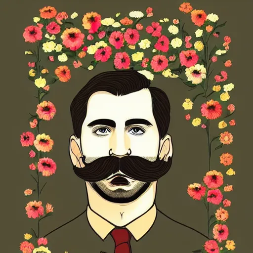 Image similar to portrait of a man with a moustache standing in front of flowers, tumblr contest winner, aestheticism, masculine, aesthetic, ilya kuvshinov