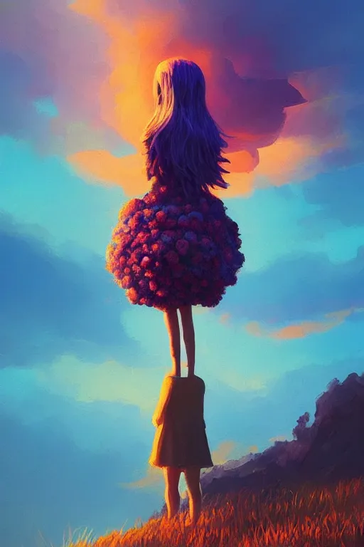 Image similar to closeup, giant flower head, girl standing on cliff, surreal photography, sunrise, blue sky, dramatic light, impressionist painting, digital painting, artstation, simon stalenhag