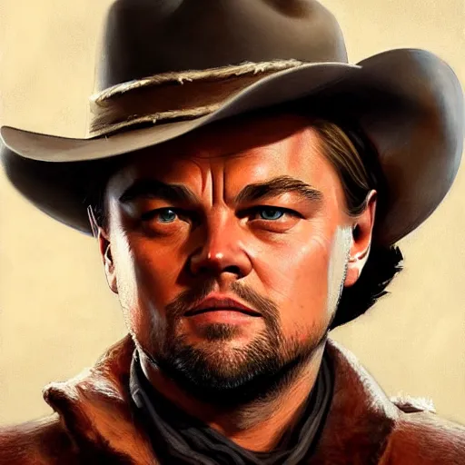 Prompt: leonardo dicaprio as a red dead redemption 2 character, concept portrait art by gianni strino, art by albert von keller, hyperrealism painting, winter season