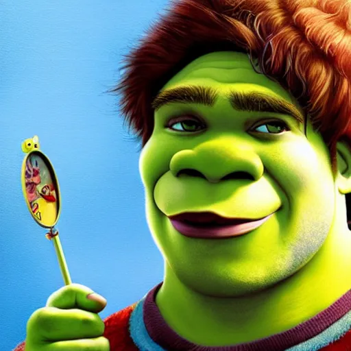 Prompt: lofi portrait of shrek, pixar style, by tristan eaton stanley artgerm and tom bagshaw.