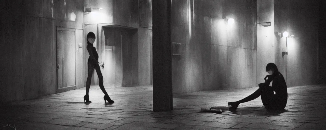 Image similar to foggy neon night, sayaka isoyama leaning back against a wall in a black minidress smoking a cigarette outside a neon lit entrance, 1 9 7 0 s, intricate, moody, tasteful, intimate, highly detailed, short focus depth, artgerm, henri cartier bresson