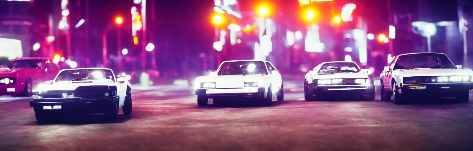 Prompt: two 80s sports cars one red and one white, racing on a deserted city street at night time, purple lighted street, wide angle, cinematic, retrowave vibes, grainy, soft motion blur, VHS Screencap