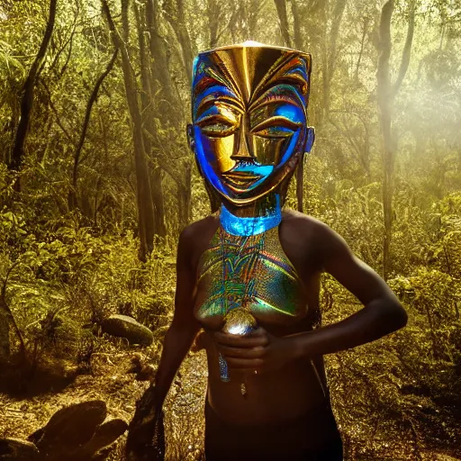 Image similar to wraith pagan wearing iridescent metallic dogon tribal mask standing in a clearing in the deep forest, rays of the sun, caustics, realistic, photography, photojournalism, national geographic photoshoot, inner glow, shimmer, sparkle, smoke, dust