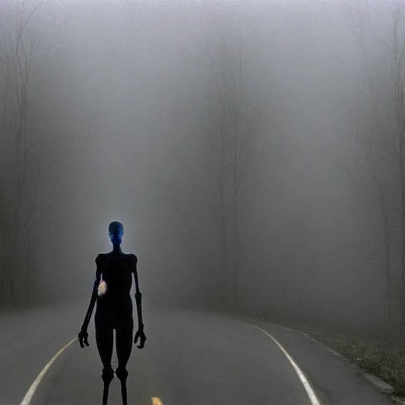 Image similar to 2 0 0 1 camcorder footage of a skinless figure standing silently on the side of a misty road
