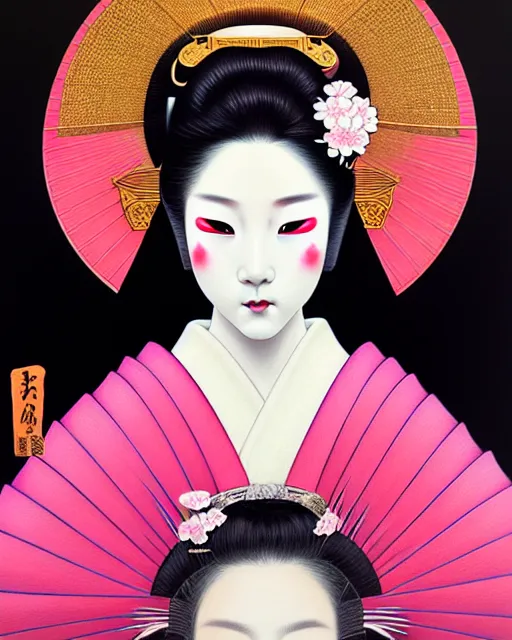 Prompt: portrait of a beautiful geisha, unusual beauty, quintessential, other worldly colors, head in focus, fantasy art, ornamental geisha aesthetics, intricate, elegant, highly detailed, hyperrealistic painting, artstation, concept art, painterly, sharp focus, illustration, art by chie yoshii