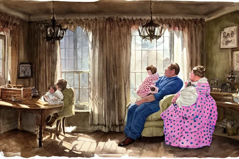 Image similar to charming and chubby parents and their very fat baby girl, wearing a polka dot cloths and a victorian - style hairdo, sits in the large and bright studio. sunlight enters through the barred window. watercolor and pen painting. beautiful lighting, 4 k post - processing, highly detailed, 5 k extremely detailed, 3 d. cinematic scene.