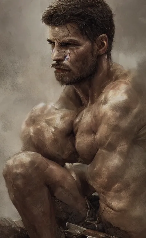 Image similar to Portrait of a rugged ranger sitting down, male, muscular, straight nose!!!, detailed face, handsome face, bare thighs!!!, simple clothing!!!!!, fantasy, medieval, highly detailed, cinematic lighting, digital art painting by greg rutkowski