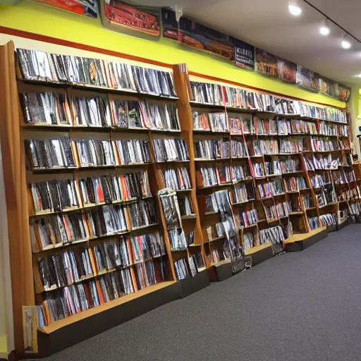 Prompt: photograph of the inside of a DVD shop, detailed