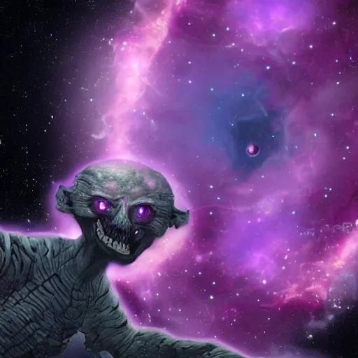 Image similar to An evil and terrifying creature in space in front of a purple nebula