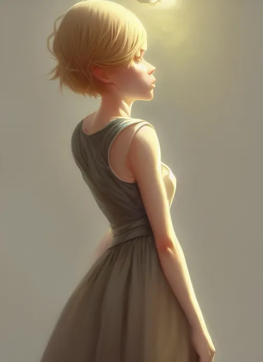 Prompt: ultradetailed beautiful painting of a stylish young lady wearing a cute dress, dramatic, she has blond hair, distressed, volumetric light, full body portrait by greg rutkowski, ilya kuvshinov, james jean, makoto shinkai, on artstation