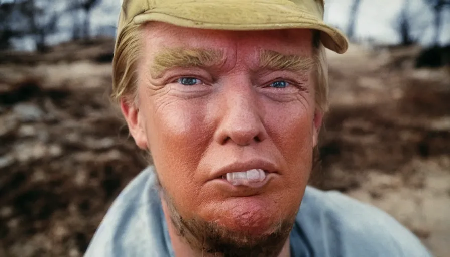 Image similar to far view, extremely skinny malnourished donald trump with long beard, wearing dirty overalls, dirty greasy face, grin, portrait, close up, kodak gold 2 0 0, 5 0 mm,