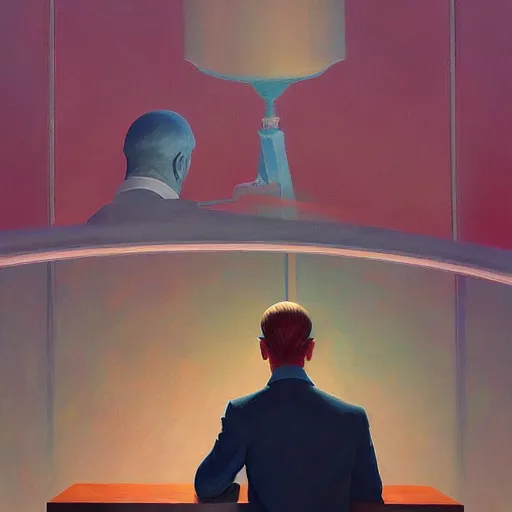 Prompt: Portrait of a man wearing a business dreaming about space, very coherent, painted by Edward Hopper, Wayne Barlowe, painted by James Gilleard, airbrush, art by JamesJean