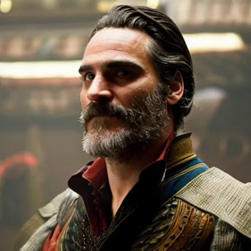 Image similar to A still of Joaquin Phoenix as Dr. Strange. Extremely detailed. Beautiful. 4K. Award winning.