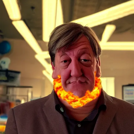 Image similar to photo of [ a single french fry chip ] shaped into stephen fry as a pixar character hybrid intercross mix cinematic lighting