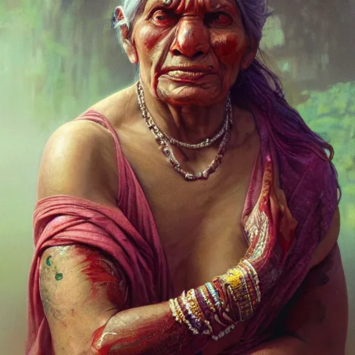 Image similar to portrait painting of a muscular bloodied indian old woman lower back, ultra realistic, concept art, intricate details, eerie, highly detailed, photorealistic, octane render, 8 k, unreal engine. art by artgerm and greg rutkowski and alphonse mucha