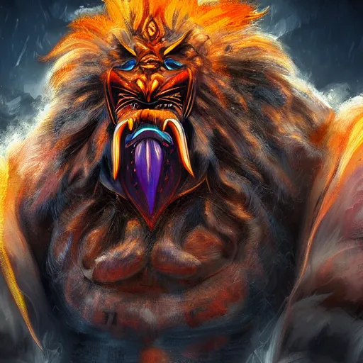 Image similar to narasimha, character concept art, portrait, epic, trending on artstation, very detailed, 4 k, hd, dramtic lighting, flowing energy, colorful