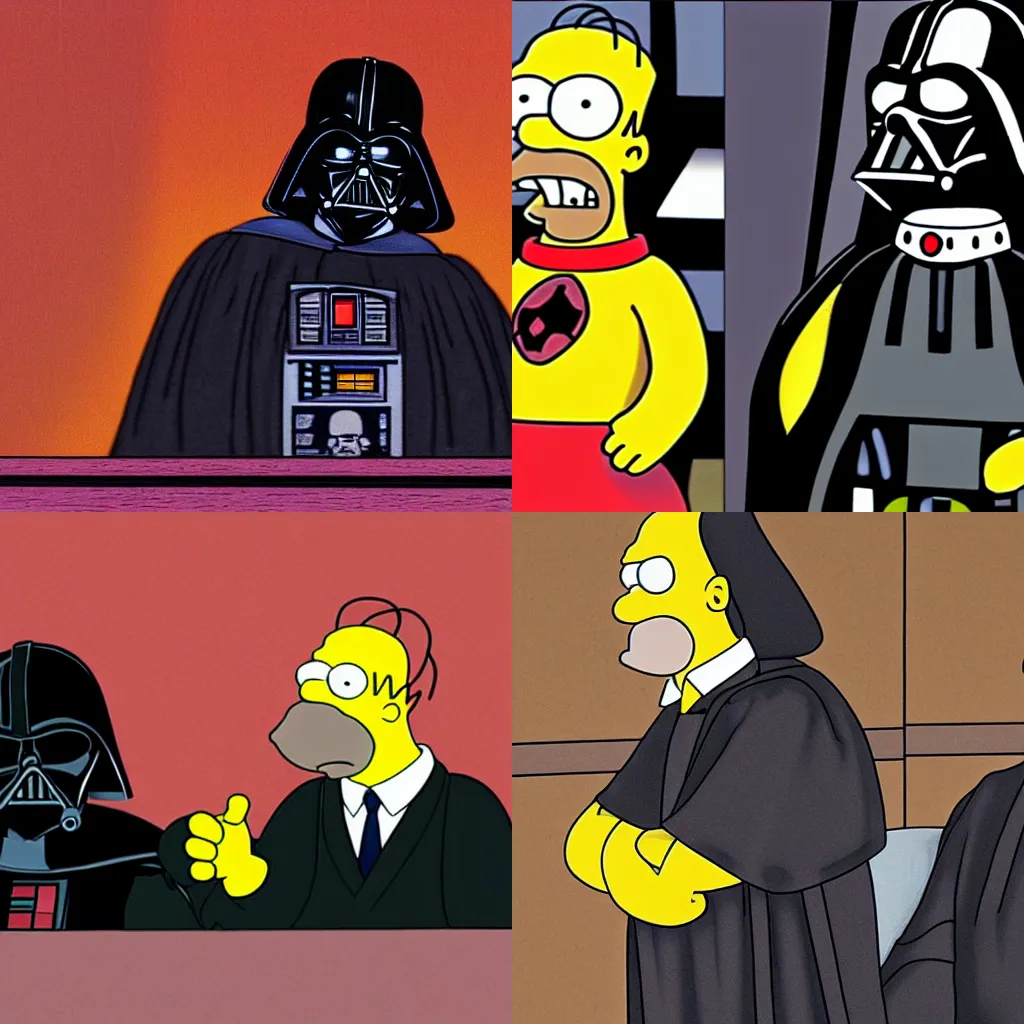 Prompt: Homer Simpson is being judged by Darth Vader in court
