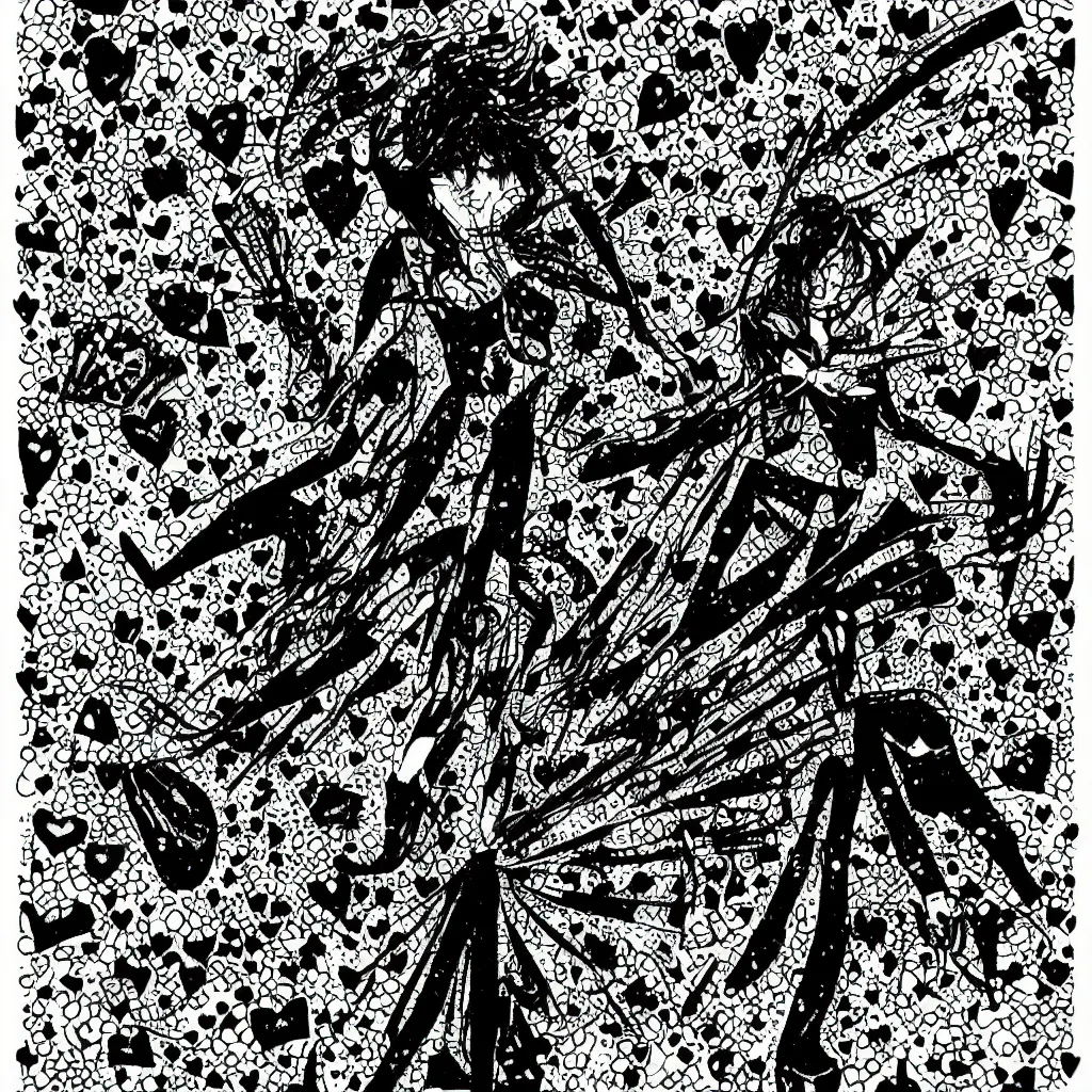 Image similar to woman, abstract, jet set radio artwork, ryuta ueda artwork, hylics artwork, ink, asymmetry, stipple, lines, stippling, crosshatching, linework, dark, ominous, eerie, hearts, minimal, points, technical, natsumi mukai artwrok, tight