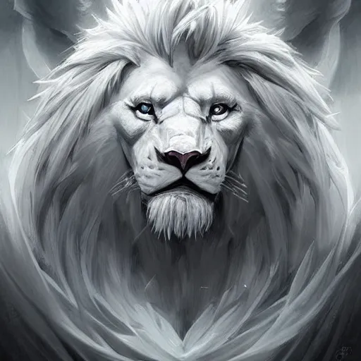 Image similar to anthropomorphic male muscular albino white lion, wearing beautiful vikings armor, darkness aura red light, fantasy, dark, black and white high contrast portrait, character design by charlie bowater, ross tran, artgerm, and makoto shinkai, detailed, inked, western comic book art, 2 0 2 1 award winning film poster paintingy