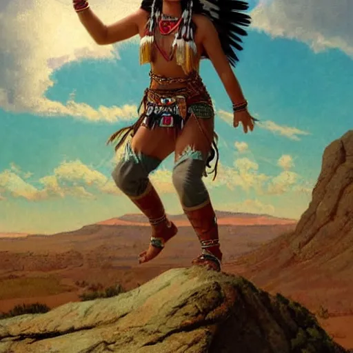 Image similar to full body portrait of young native american woman standing on rock, triumphant, looking up skywards, clothed, norman rockwell, logan maxwell, ryan pancoast, artstation fantasy character