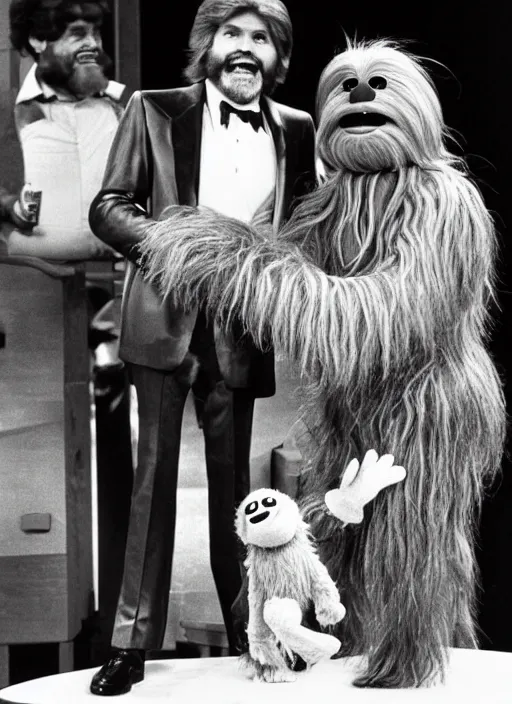 Prompt: chewbacca guest hosting the muppet show in 1 9 8 0 with kenny rogers