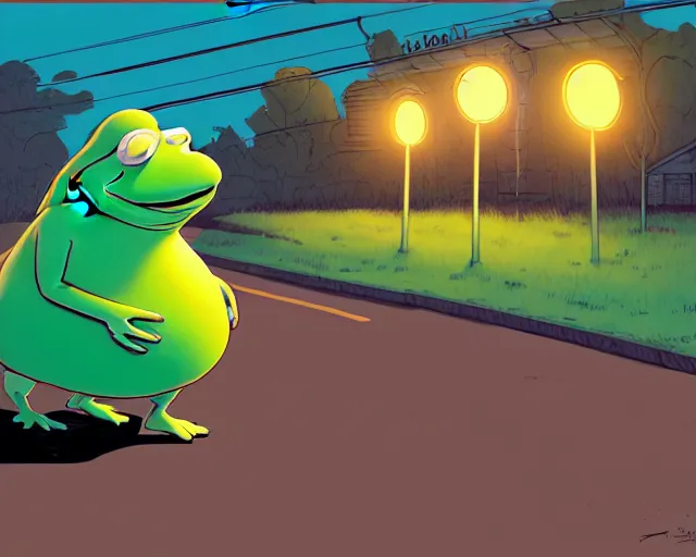 Prompt: a study of cell shaded cartoon of an obese kermit on a country road, street lamps, road, illustration, wide shot, subtle colors, post grunge, concept art by josan gonzales and wlop, by james jean, Victo ngai, David Rubín, Mike Mignola, Laurie Greasley, highly detailed, sharp focus, Trending on Artstation, HQ, deviantart, art by artgem