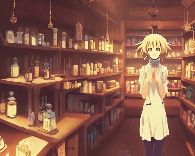 Image similar to anime visual, portrait of a young female traveler in a alchemist's potion shop interior, cute face by yoh yoshinari, katsura masakazu, cinematic luts, cold studio lighting, dynamic pose, dynamic perspective, strong silhouette, anime cels, ilya kuvshinov, cel shaded, crisp and sharp, rounded eyes