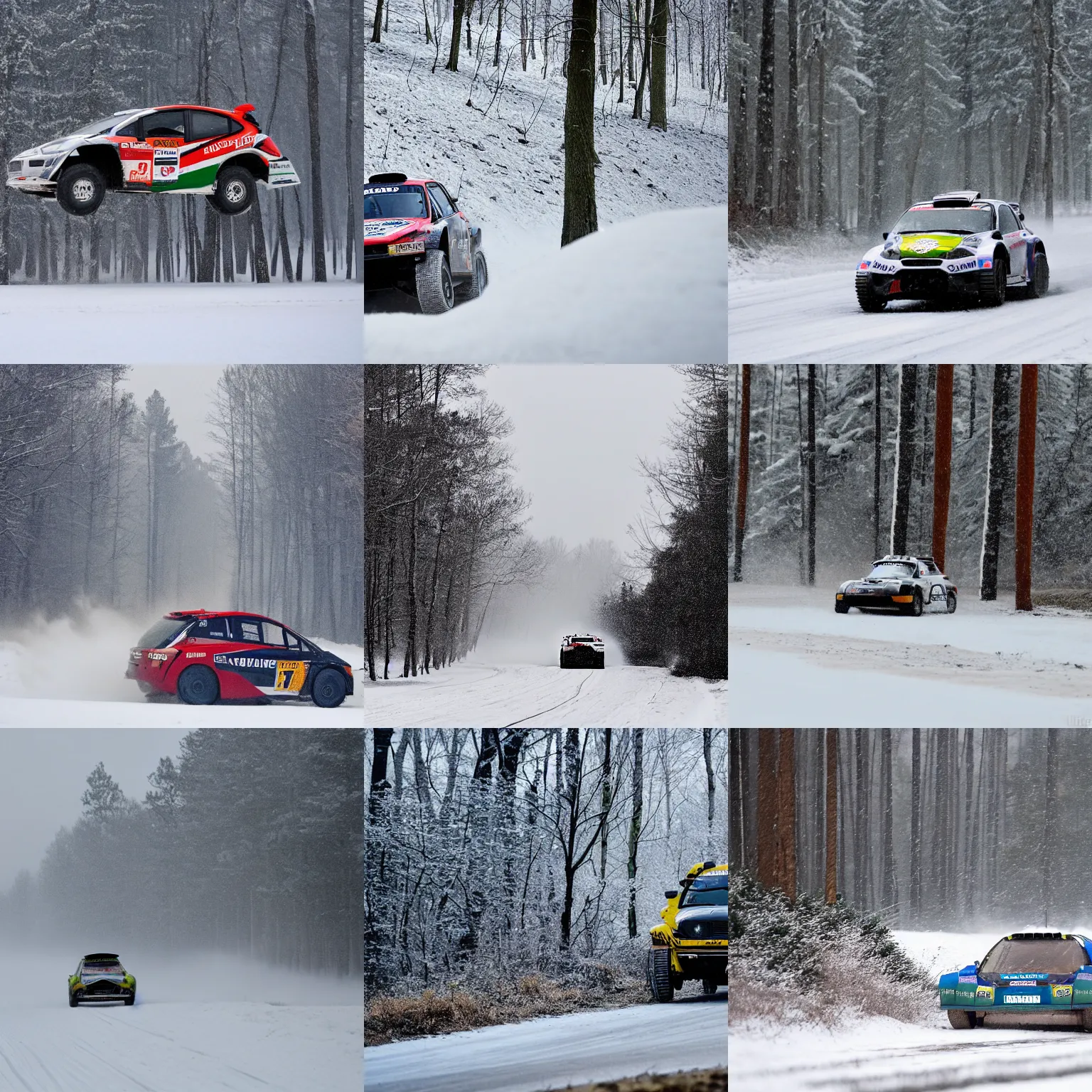 Prompt: a tank driving along a rallycross course in a snowy forest