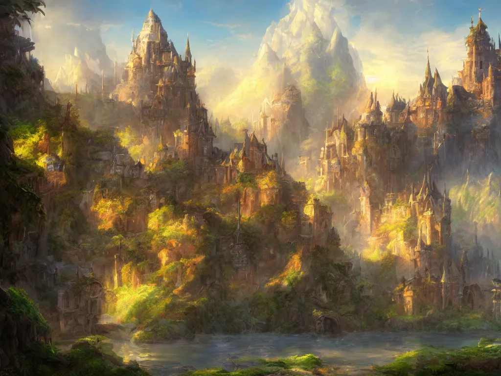 Prompt: a beautiful masterpiece painting of a castle in a fantasy landscape by tyler edlin, perfect fine weather, summer, award winning, trending on artstation,