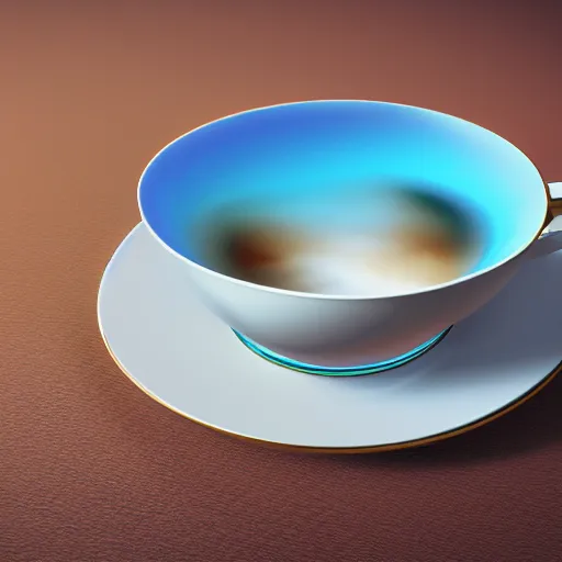 Image similar to teacup filled with the ocean, octane render, moddy lighting, big waves, white tea cup, ultra realistic, detailed,