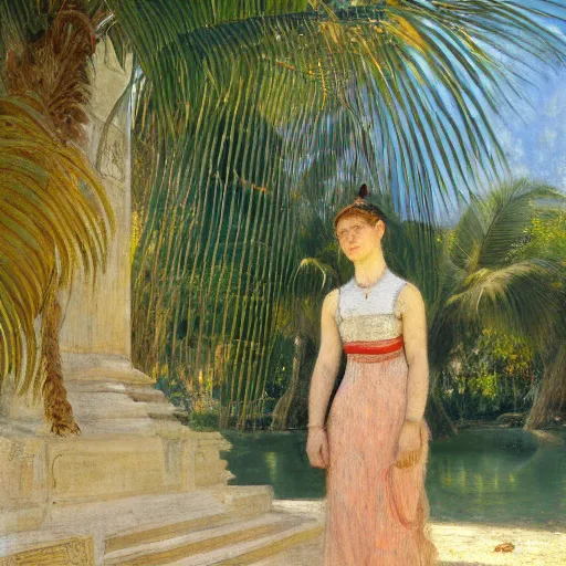 Image similar to a ultradetailed beautiful painting of a girl in the amazonas palace designed by jules bastien - lepage, hans belmer, frank weston and gustave baumann, beach, trending on artstation, mediterranean, palm trees, light sparkles, sharp focus, soft light, 8 k 4 k